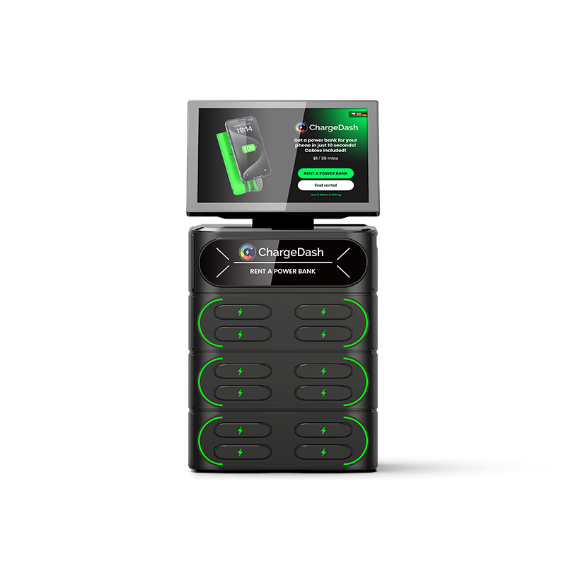 ChargeDash countertop station with screen and 12 power-bank slots, front