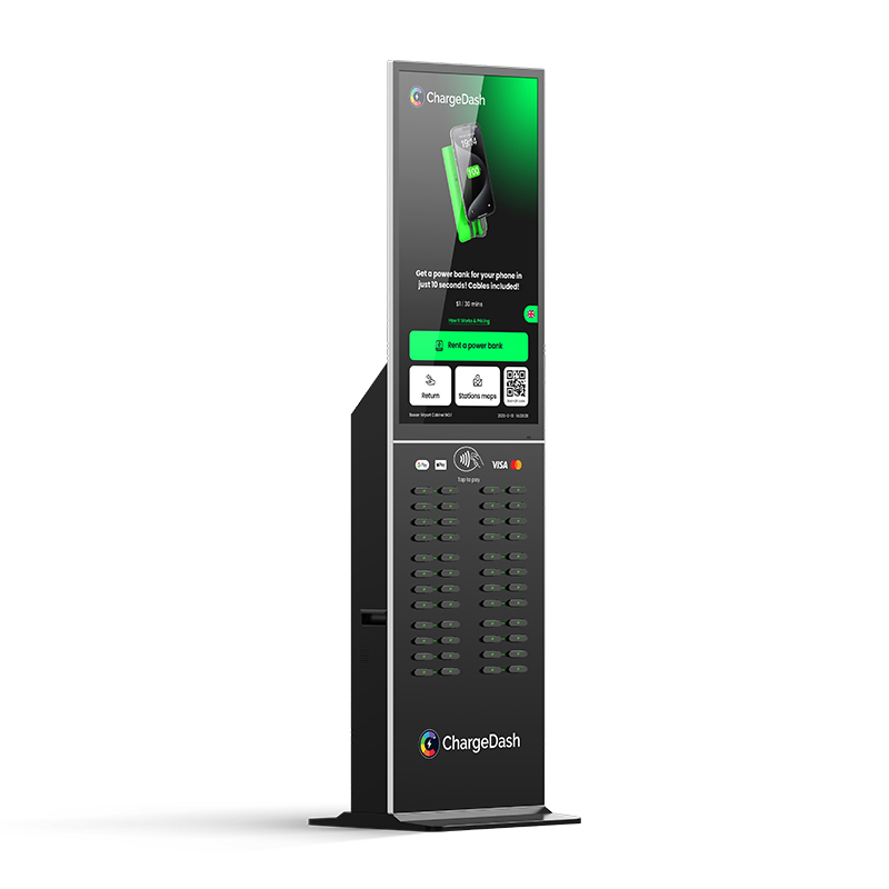 ChargeDash floor kiosk with a large touchscreen