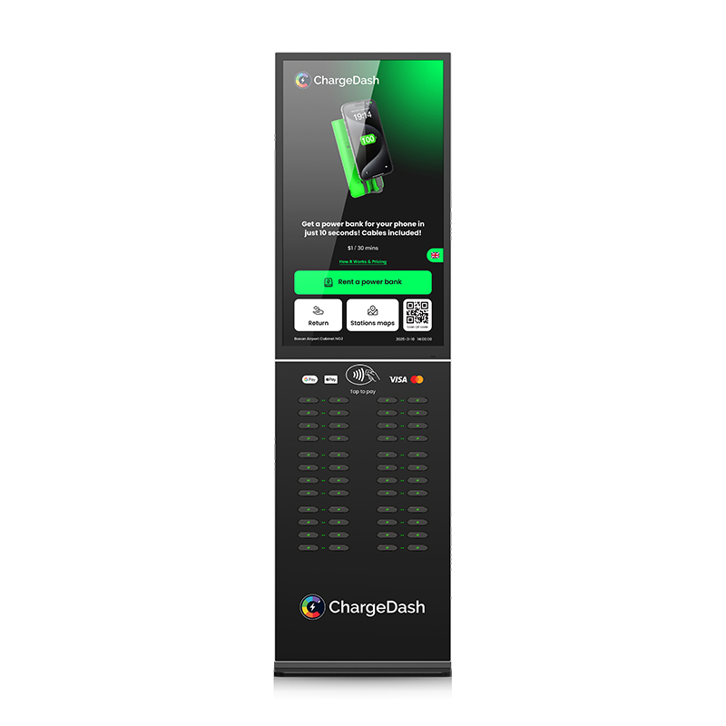 ChargeDash floor kiosk with a large touchscreen, front