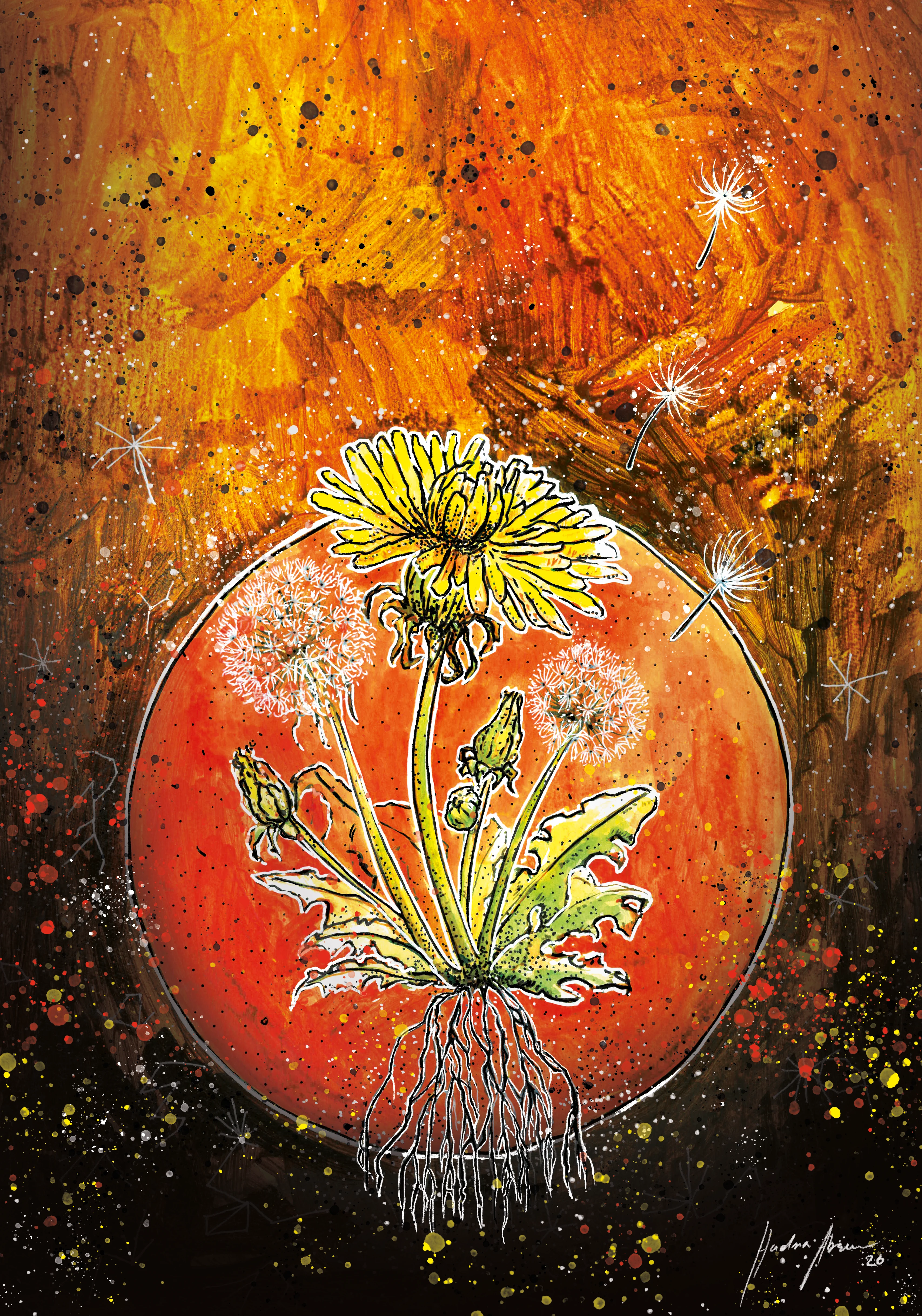 Illustration of a rooted yellow dandelion and drifting seed heads on a warm orange background, by Hadna Abreu