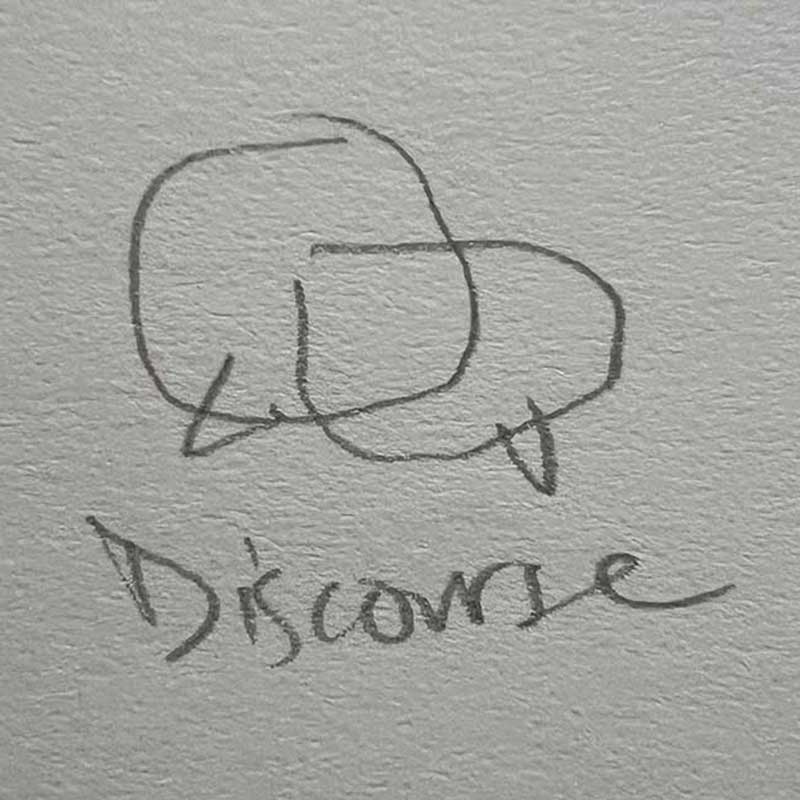 An exploration in iconography, the word discourse with two voice bubbles above it