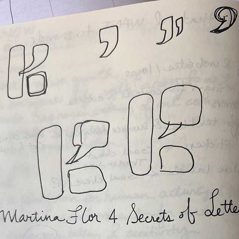 An exploration in logo marks, showing many drawings on the page, including explorations of putting a quotation mark in the letter K