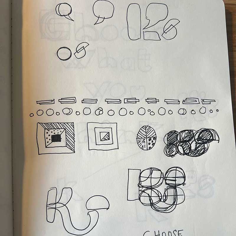 An exploration in logo marks, showing many drawings on the page, including explorations of putting the letters K S in a grid and circle shapes
