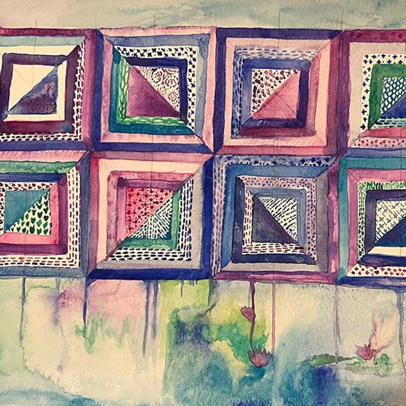 A watercolor that explores magentas and purples in quilt shape, important brand colors that form the highlights for the brand