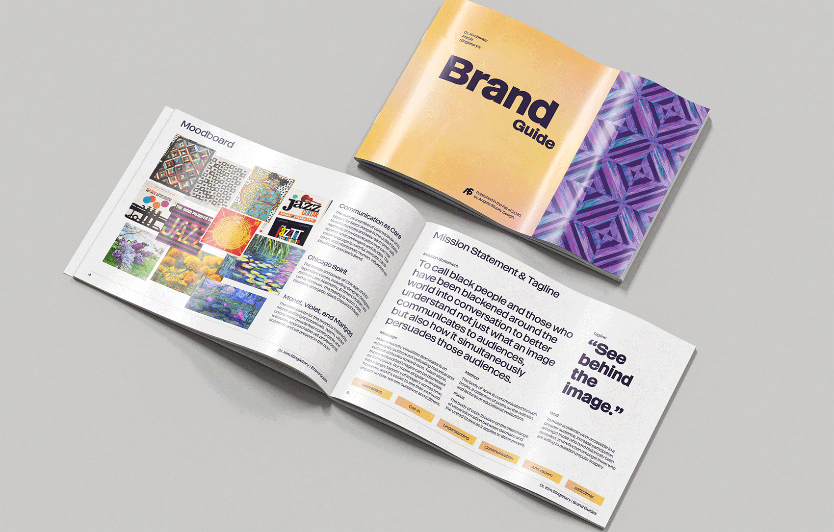 Dr Kim Singletary's brand guidelines with alternating pages showing colors, color usage, mood board, mission, and tagline