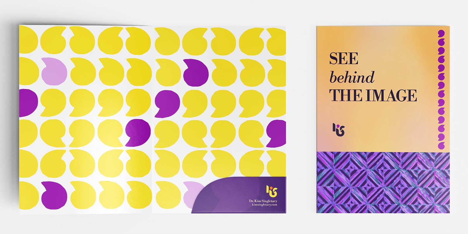 A design applied to a folder for Dr Kim Singletary's brand, showing the inside and outside