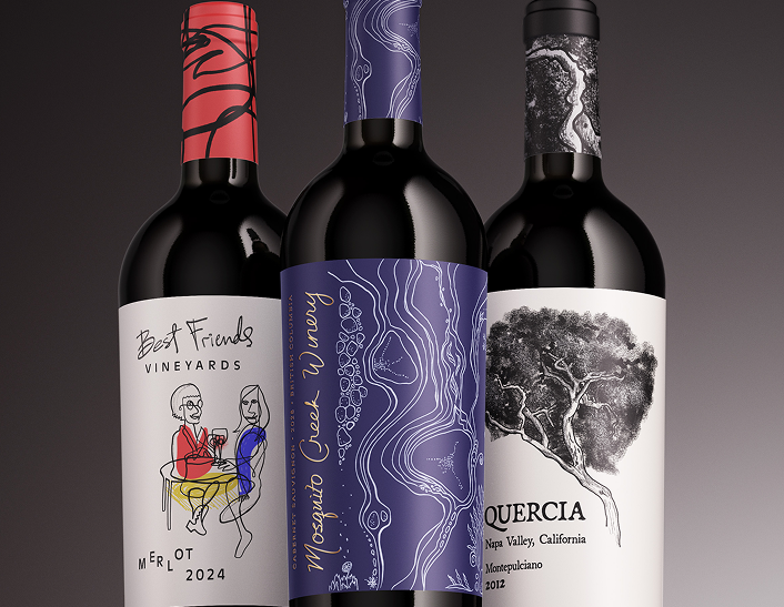 A photo of three bottles of wine with various illustrations in gorgeous line-art styles