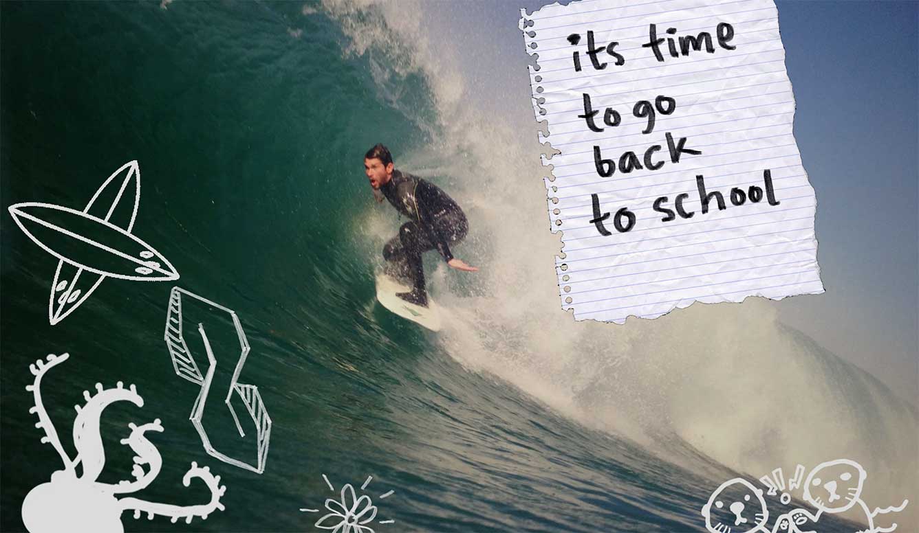 The homepage hero image for Monterey Surf School showing Paul Wetterau surfing and lots of little monsters in the waves