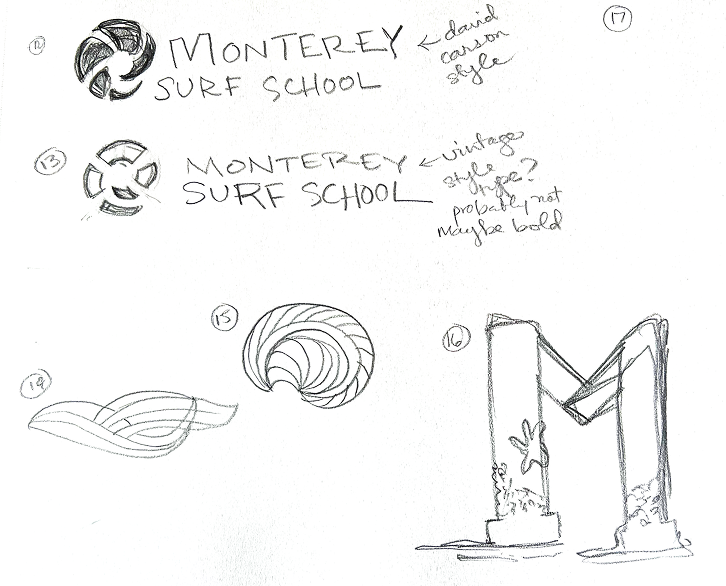 Examples of illustrations for Monterey Surf School, in their early phases of pencil on sketchbook, including an M that looks like pier posts