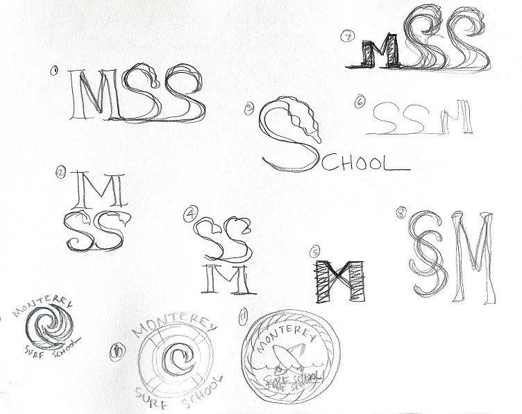 Examples of illustrations for Monterey Surf School, in their early phases of pencil on sketchbook, including some crossed surfboards and an MSS with wave shapes in the S