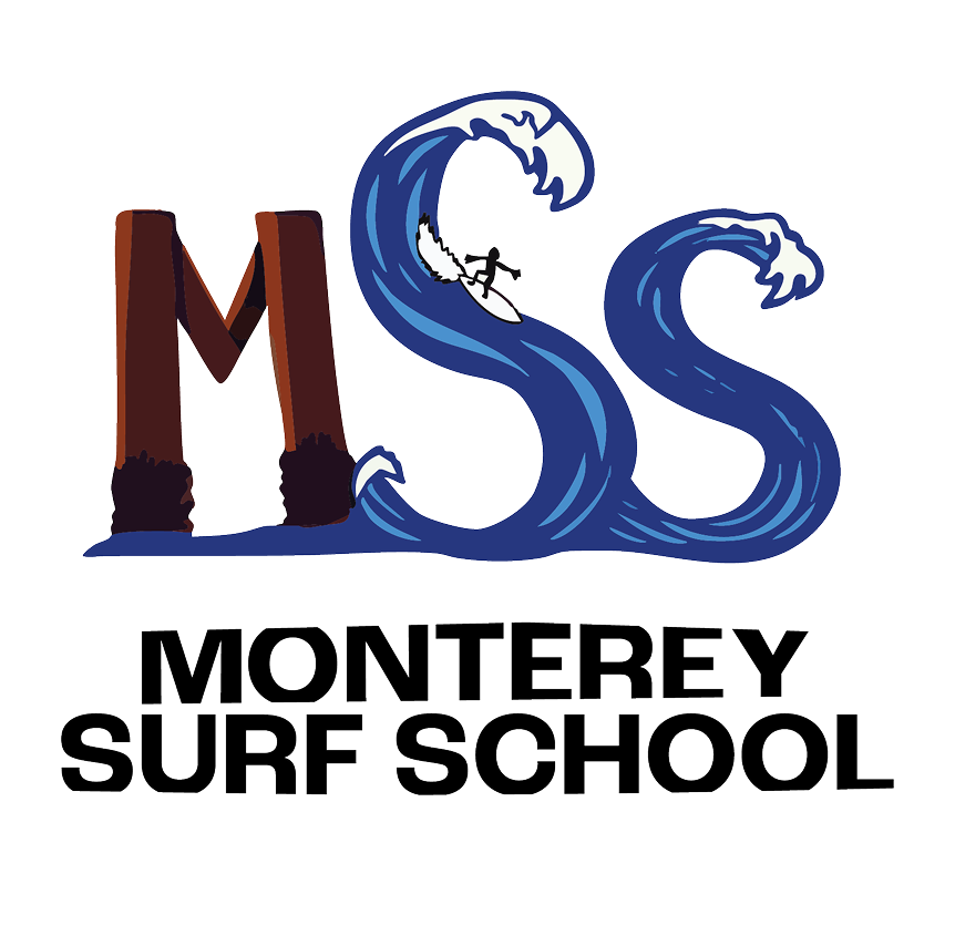 The logo for Monterey Surf School with a very illustrative feel, showing the M as pier pilings and the S's as giant waves, the central S has a little dude bombing down it like its a huge wave