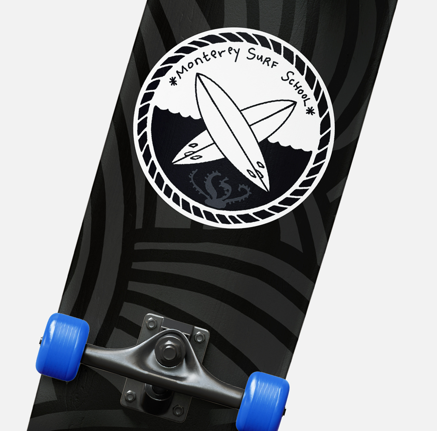 Skateboard design for Monterey Surf School with the crossed surf boards over kraken and dark stormy waves