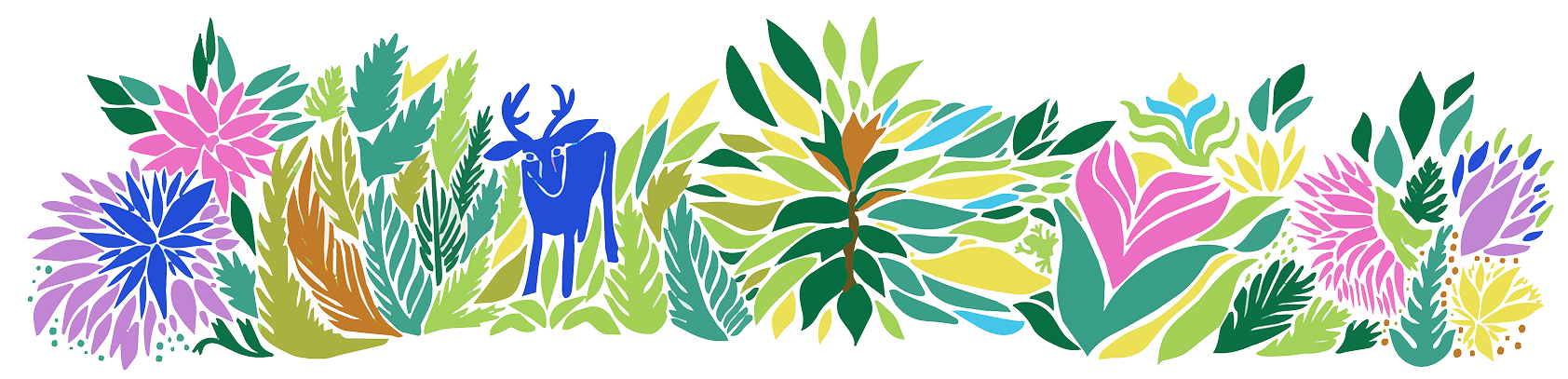 Beautiful illustration of the sacred blue deer surrounded by a thriving gorgeous botanical landscape
