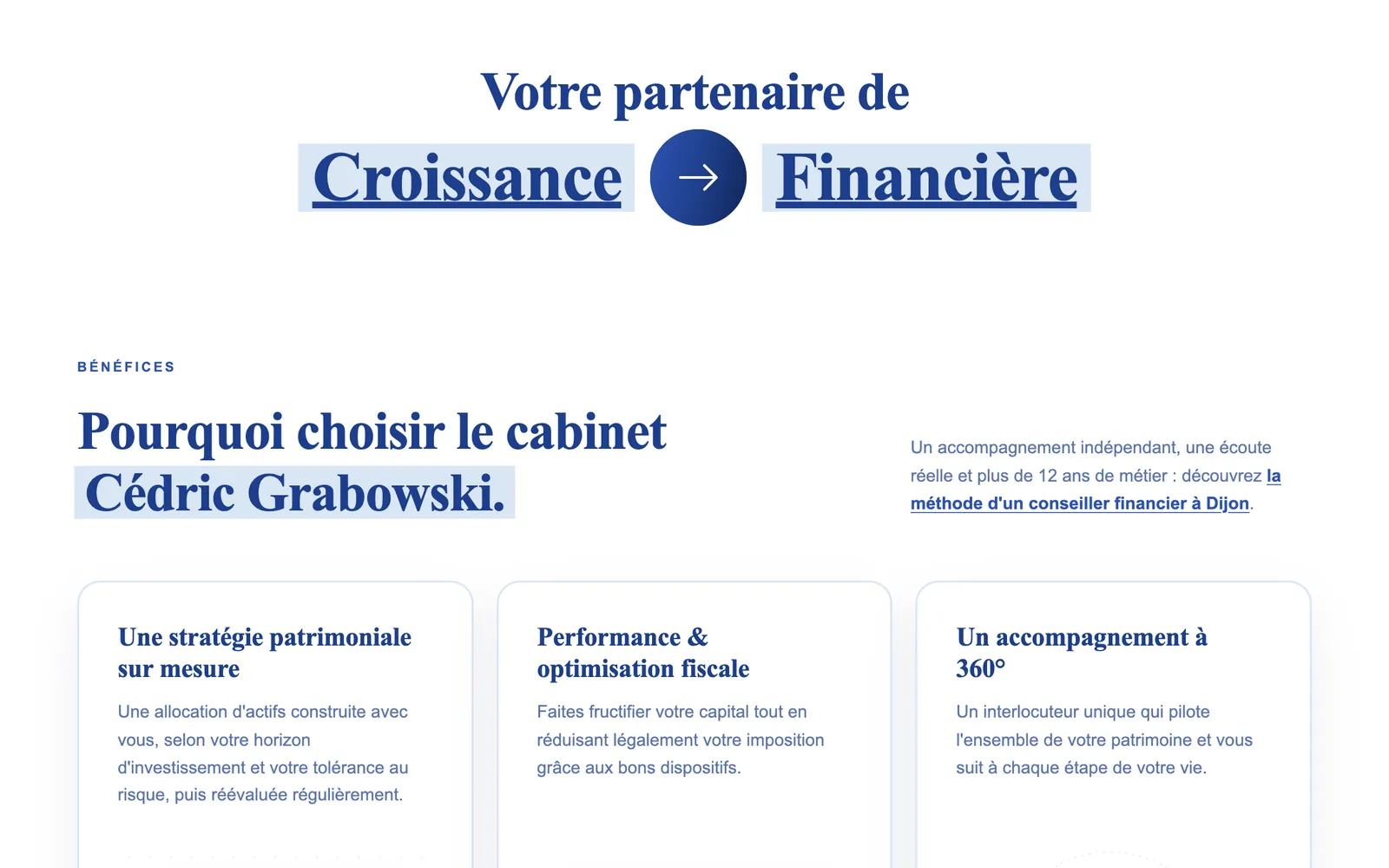 La section « Votre partenaire de croissance » : le bleu de la marque et ses titres soulignés.