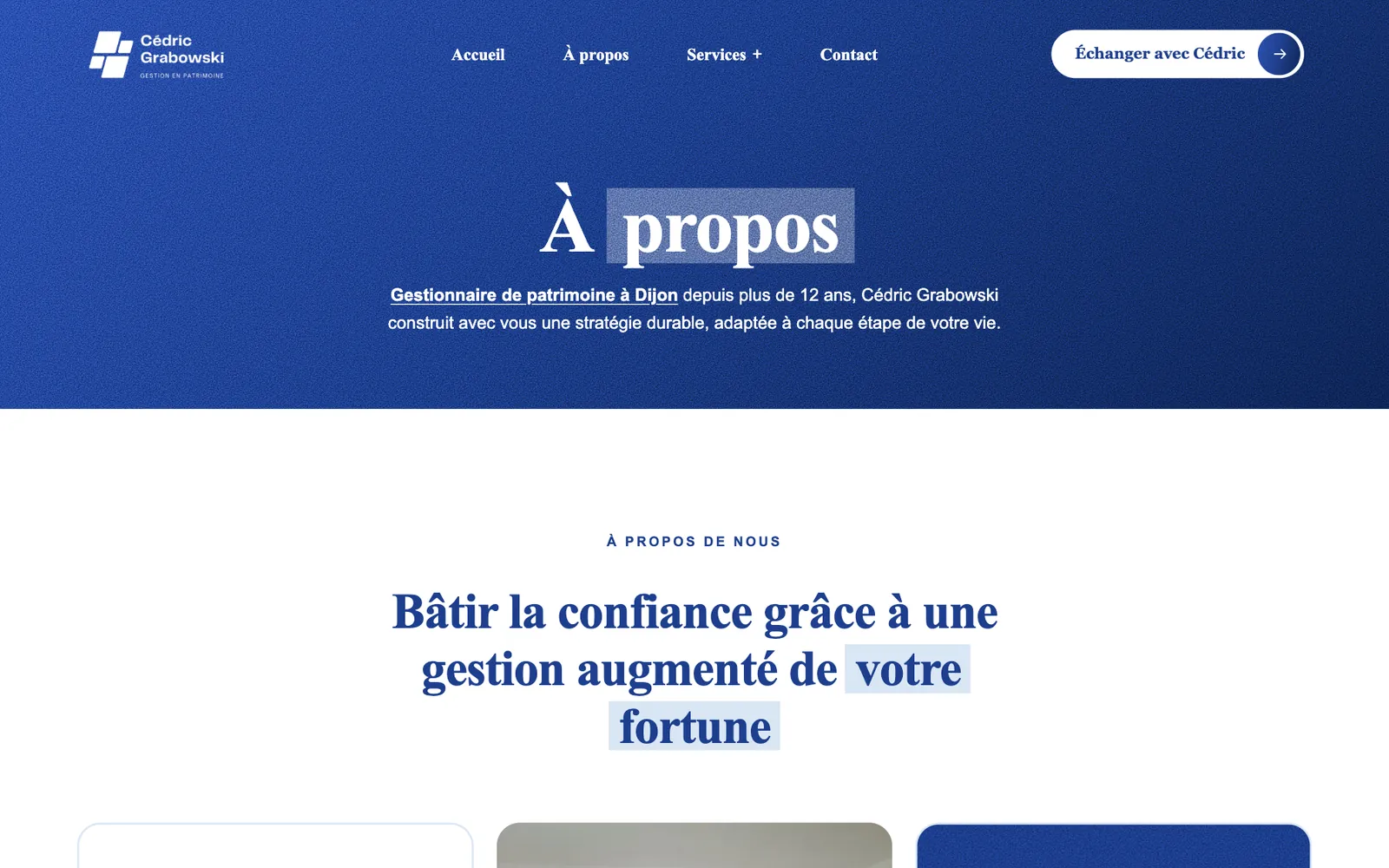 La page À propos : le parcours de Cédric, de 2014 à aujourd'hui.