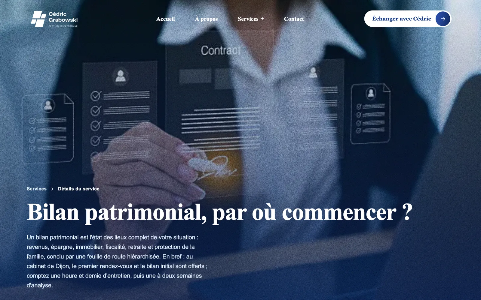 Une page de service générée par le CMS : le bilan patrimonial.
