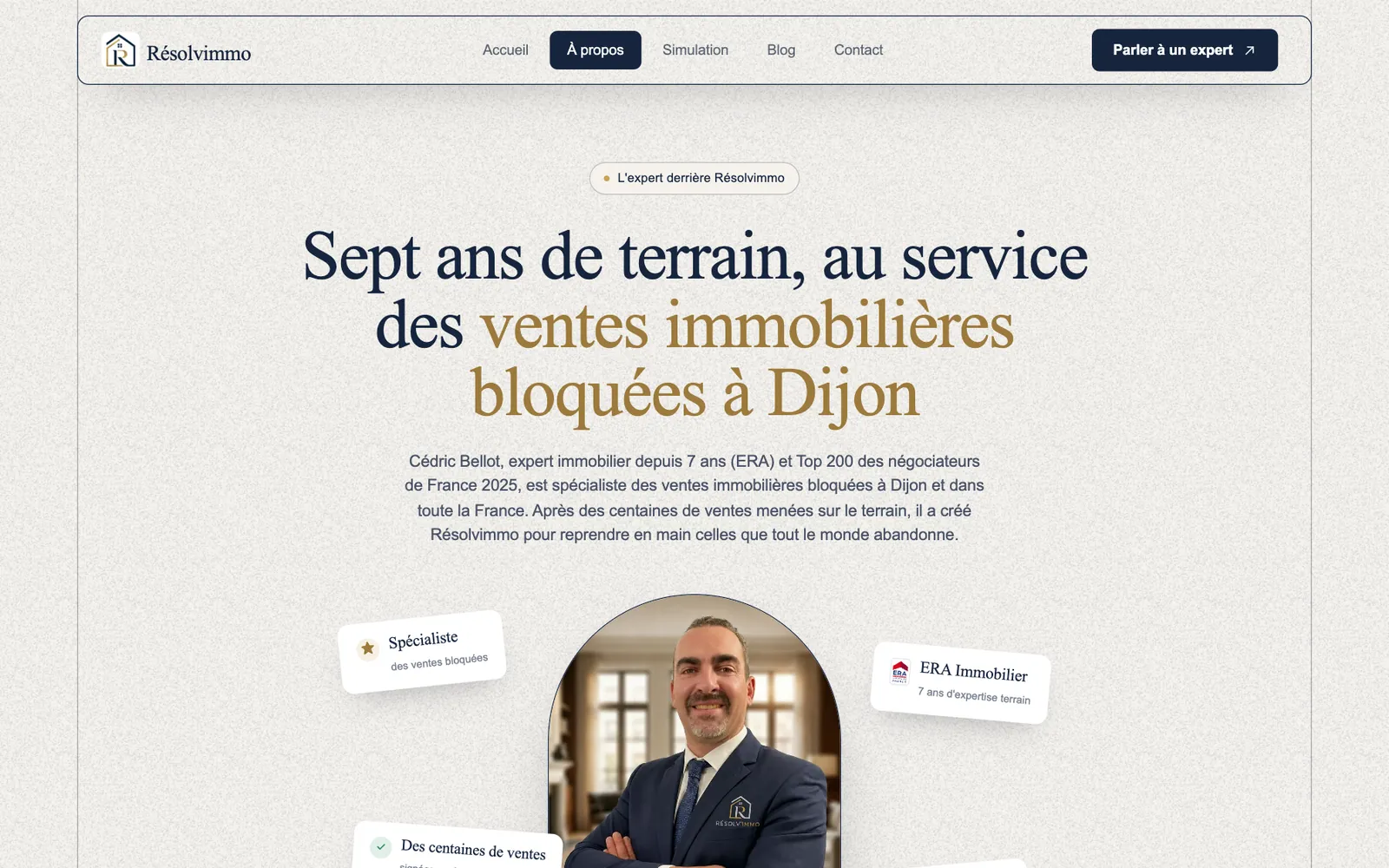 La page À propos : sept ans de terrain avant Résolvimmo.