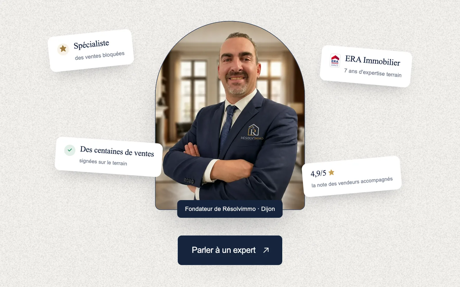 La page À propos : le portrait de Cédric en arche, entouré de ses repères, sur fond crème.