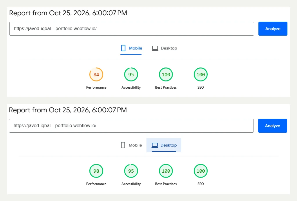 PageSpeed Insights report, October 25, 2026. Mobile: Performance 84, Accessibility 95, Best Practices 100, SEO 100. Desktop: Performance 98, Accessibility 95, Best Practices 100, SEO 100.