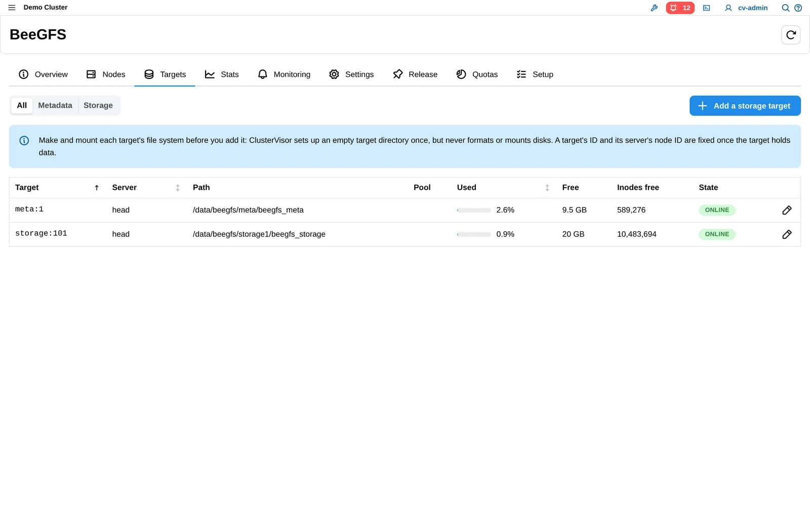 ClusterVisor 3.x BeeGFS storage targets
