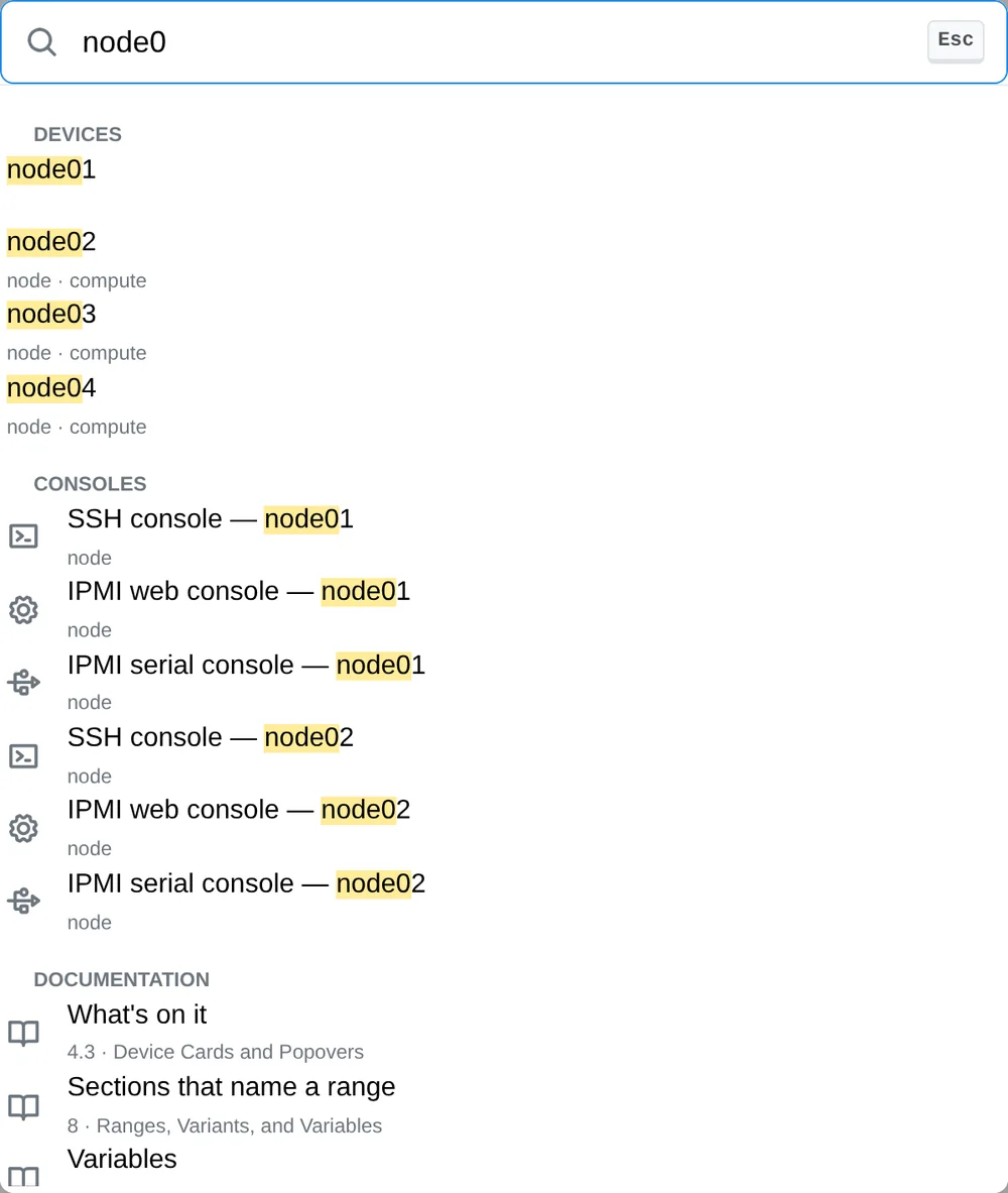 ClusterVisor 3.x Ctrl+K search results across devices, settings and documentation