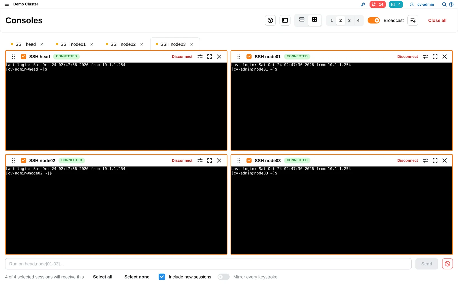 Four ClusterVisor 3.x consoles in a grid with the broadcast bar