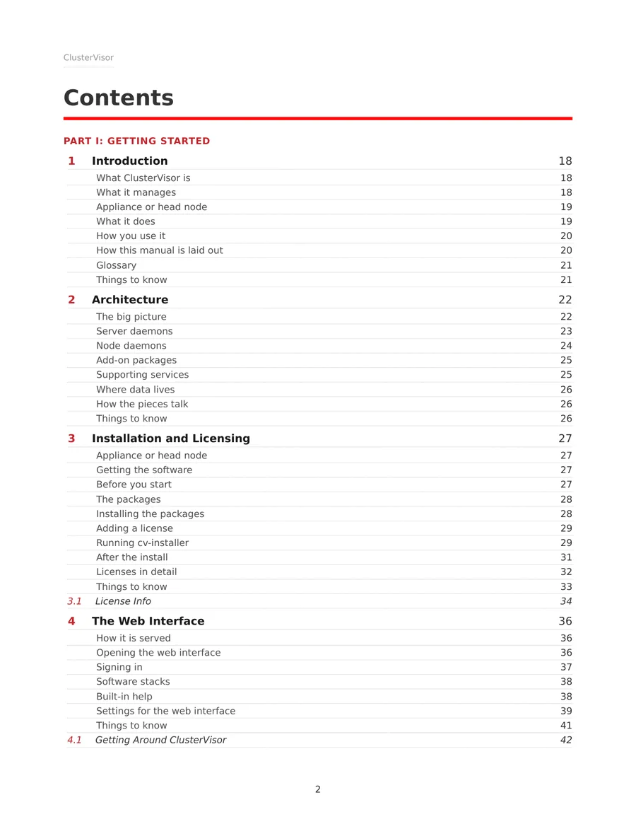 Contents page of the ClusterVisor Manual