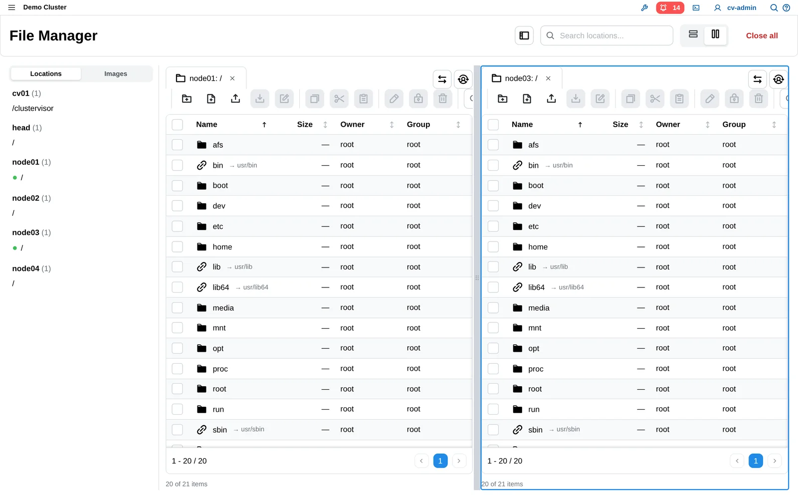 ClusterVisor 3.x file manager showing two nodes side by side