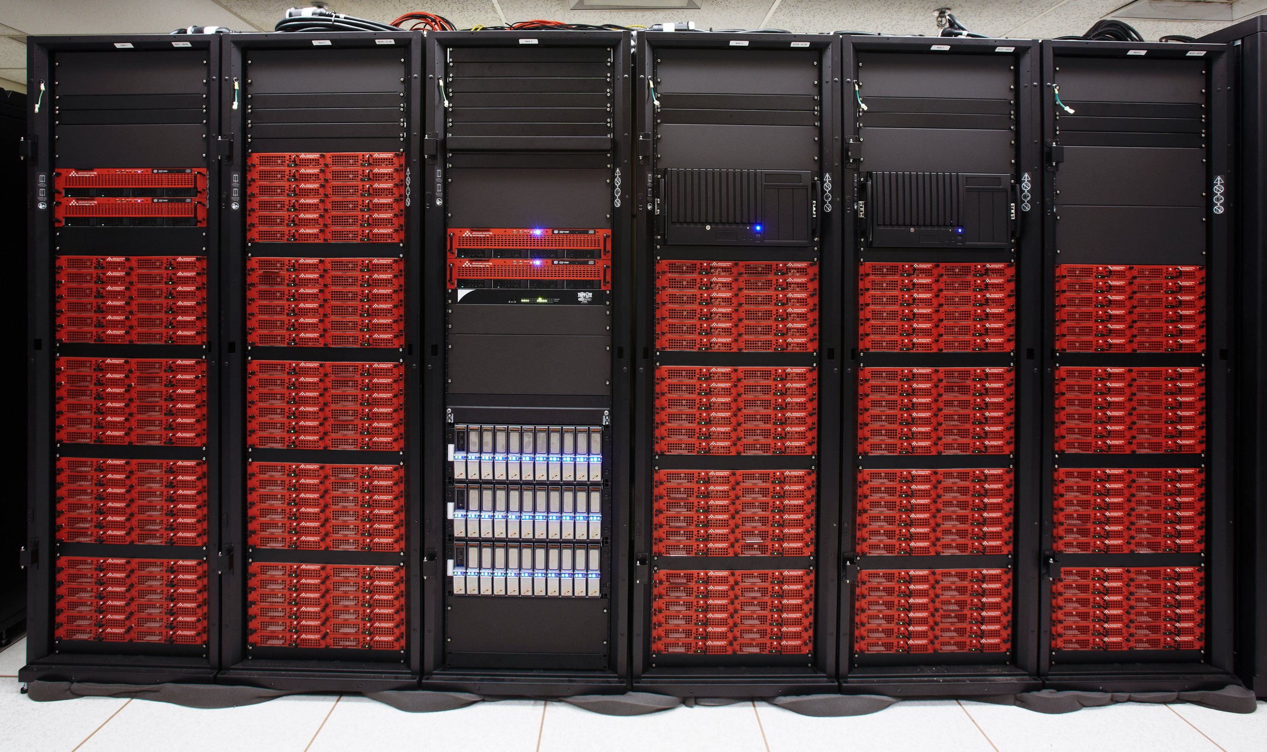 A row of HPC cluster racks built by Advanced Clustering