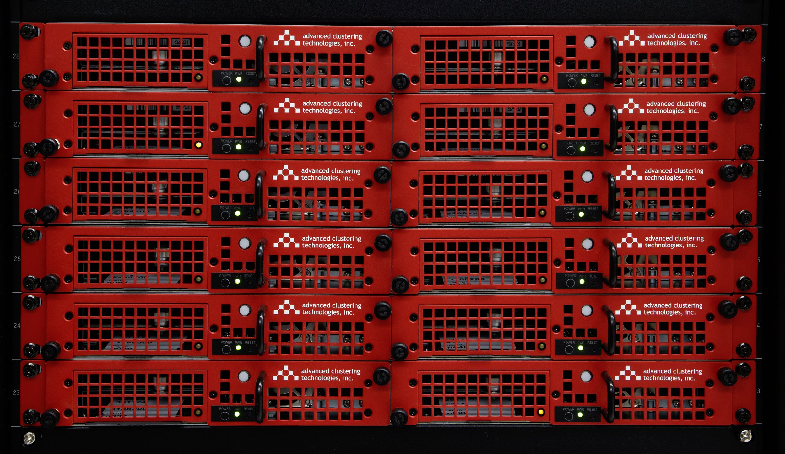 Stacked Advanced Clustering servers with red faceplates