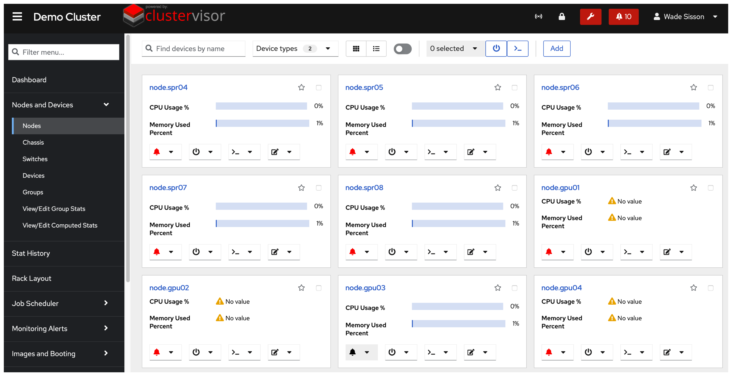 ClusterVisor node management screen showing node controls