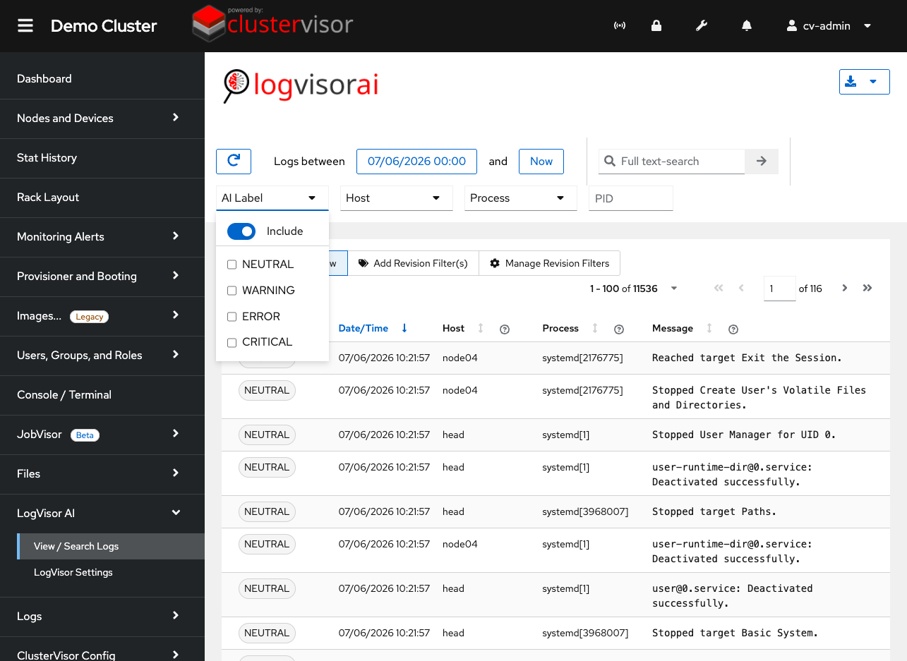 ClusterVisor 2 LogVisor AI log analysis