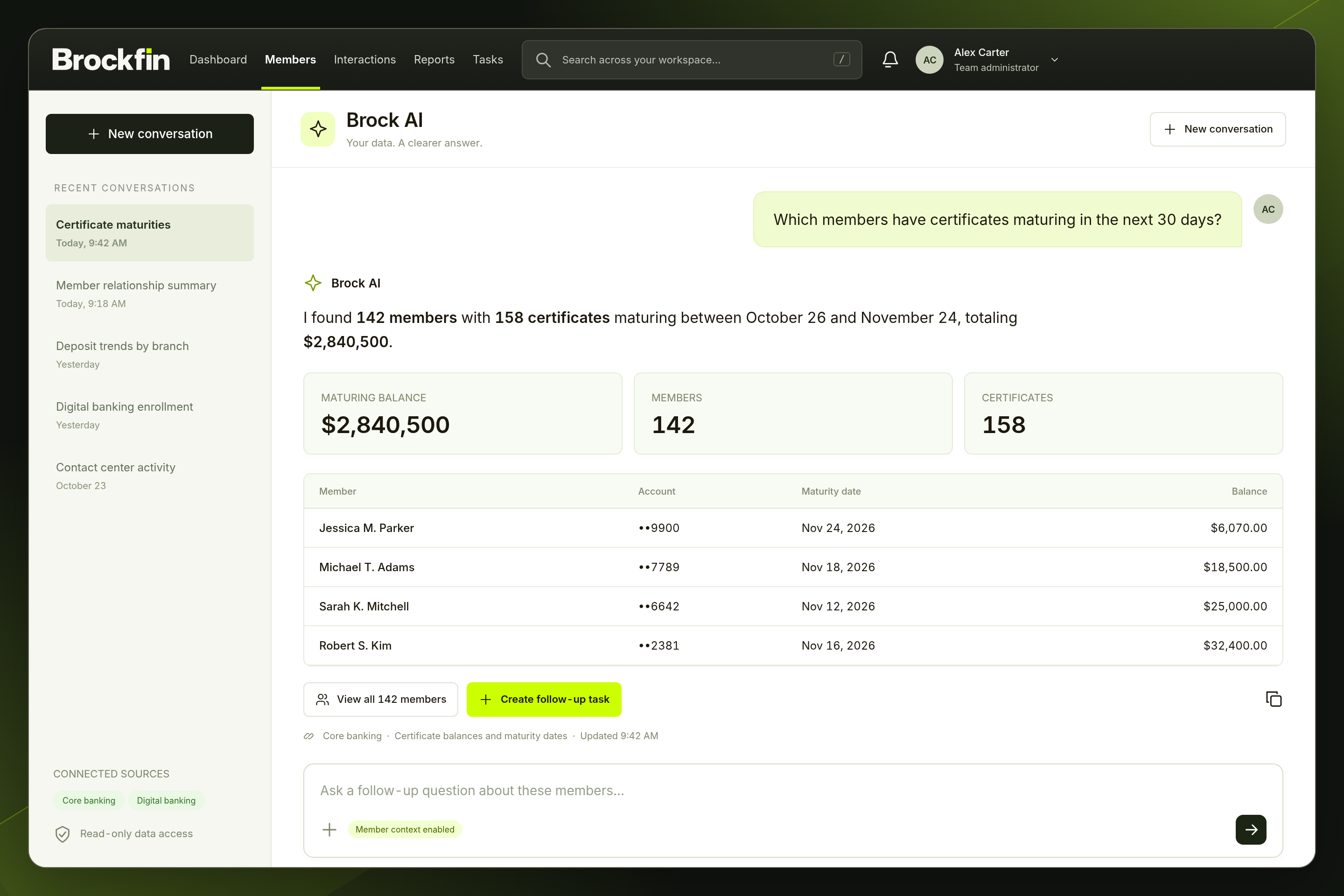 Brock AI chat in Brockfin Workspace with certificate maturity analysis and member results