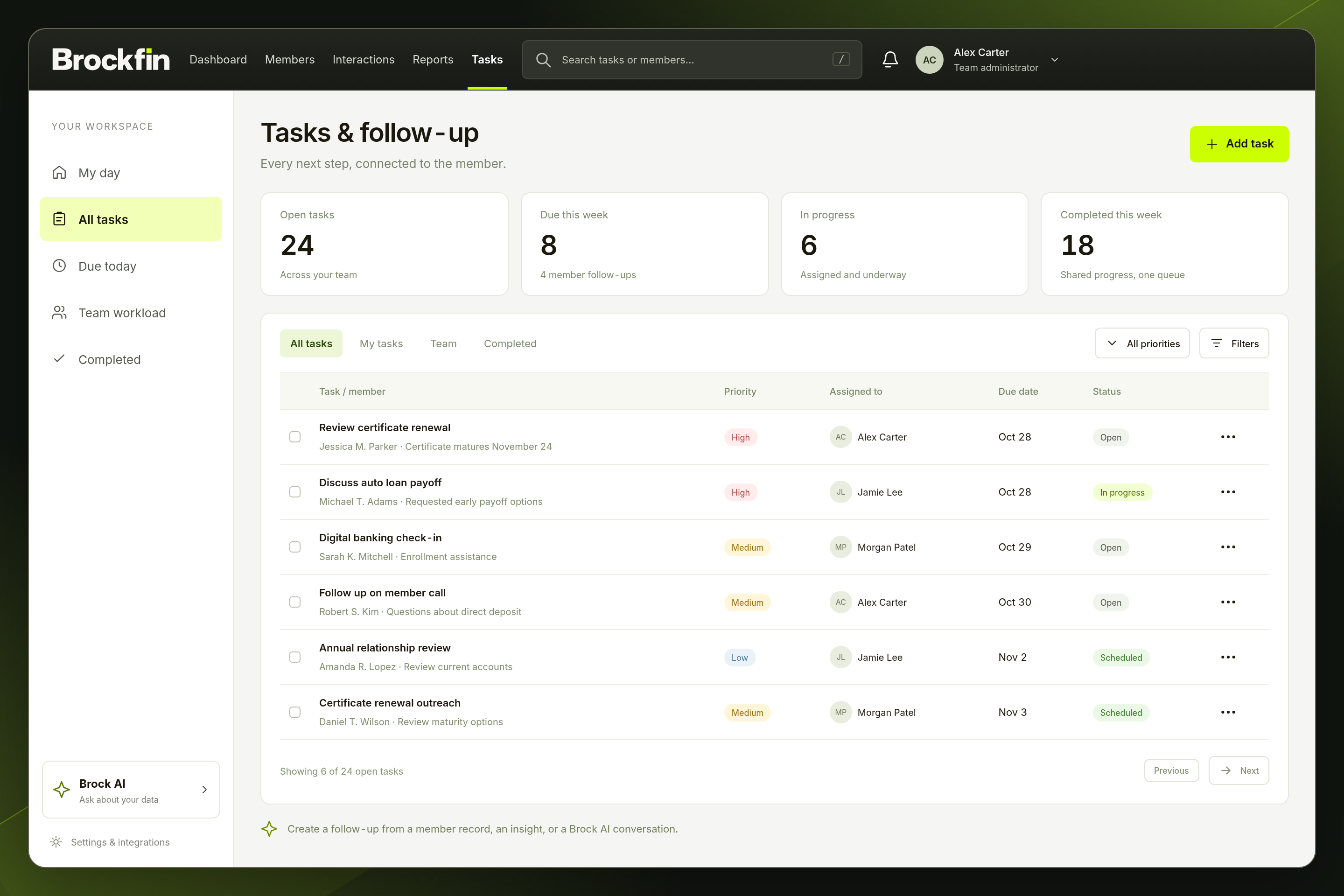 Brockfin Workspace task queue for certificate renewals and member follow-up