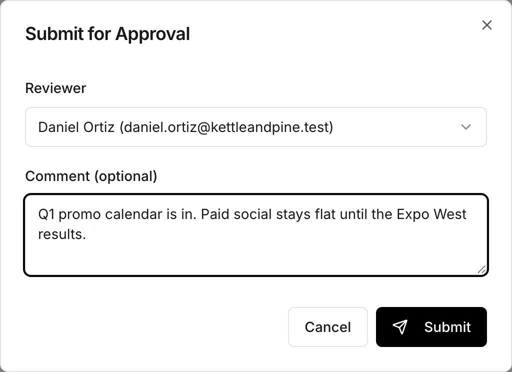 The Submit for Approval window, with Daniel Ortiz chosen as reviewer and a note about the promotion calendar.