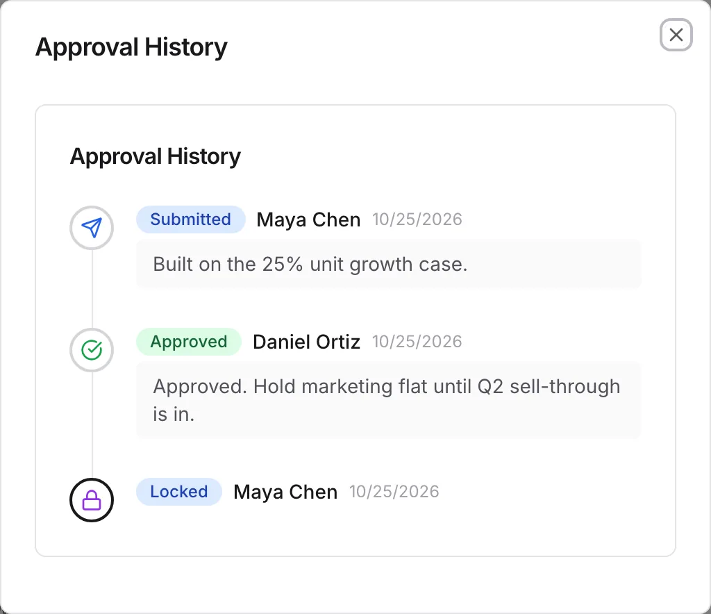 Approval history: submitted by Maya Chen, approved by Daniel Ortiz with a note, locked by Maya Chen.