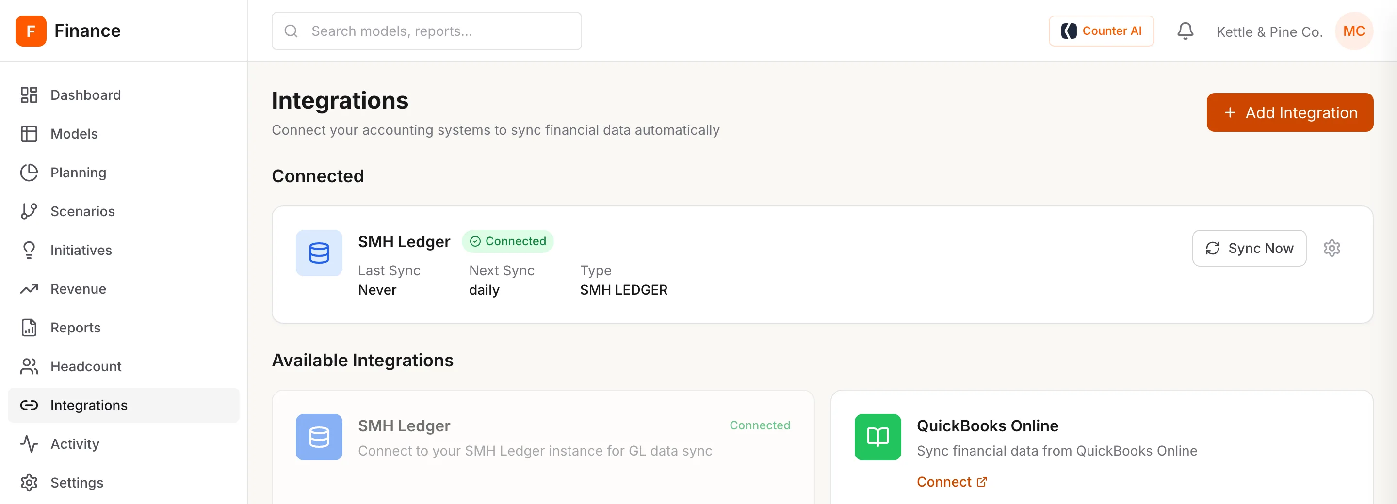 Integrations with SMH Ledger connected on a daily sync and QuickBooks Online available.