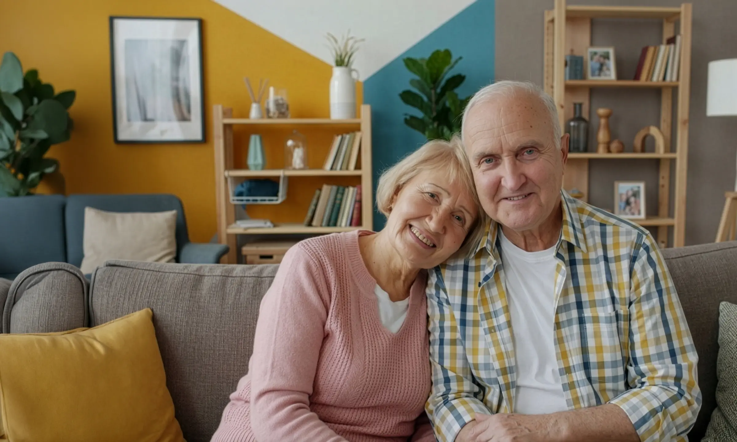 An older couple sitting on a couch and smiling