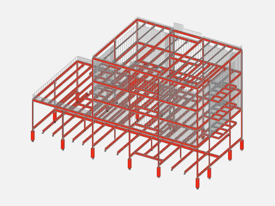 Isometric steel frame model with primary members highlighted