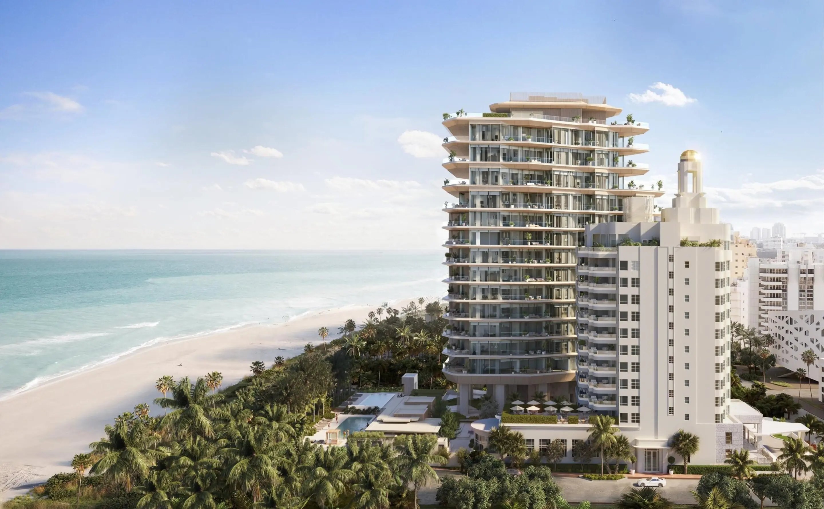 Aman Miami Beach residences tower beside the restored Art Deco hotel, overlooking the beach