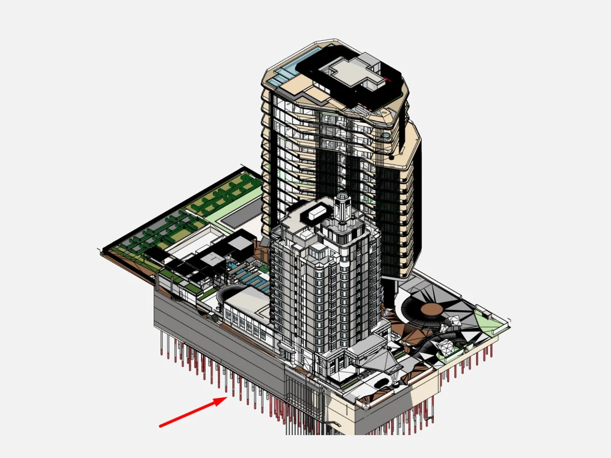 Federated coordination model of a hotel and residences with a pile conflict flagged at the foundation