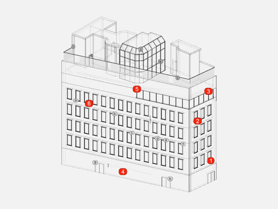 FISP facade inspection elevation of a Manhattan building with numbered conditions mapped for a Critical Examination report