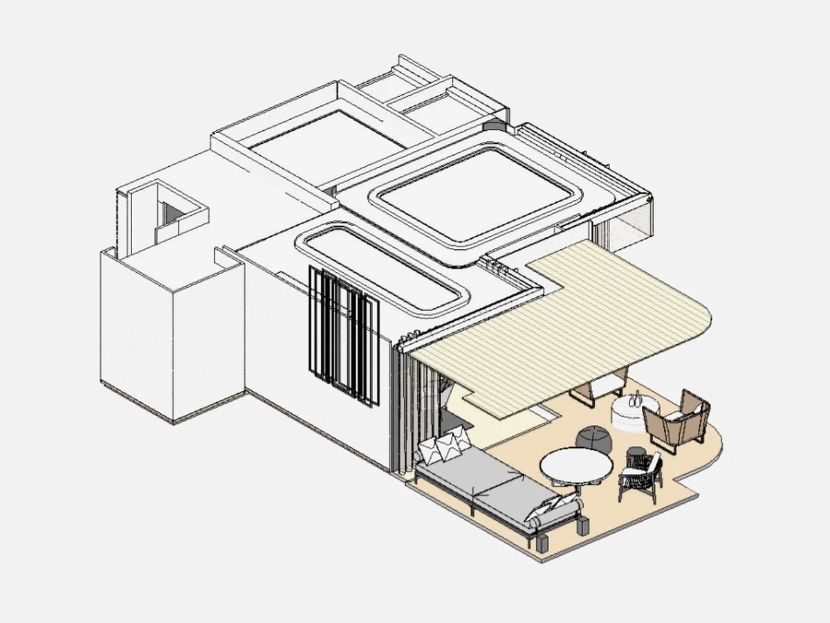 Coordinated interior model of a penthouse terrace, canopy and suite