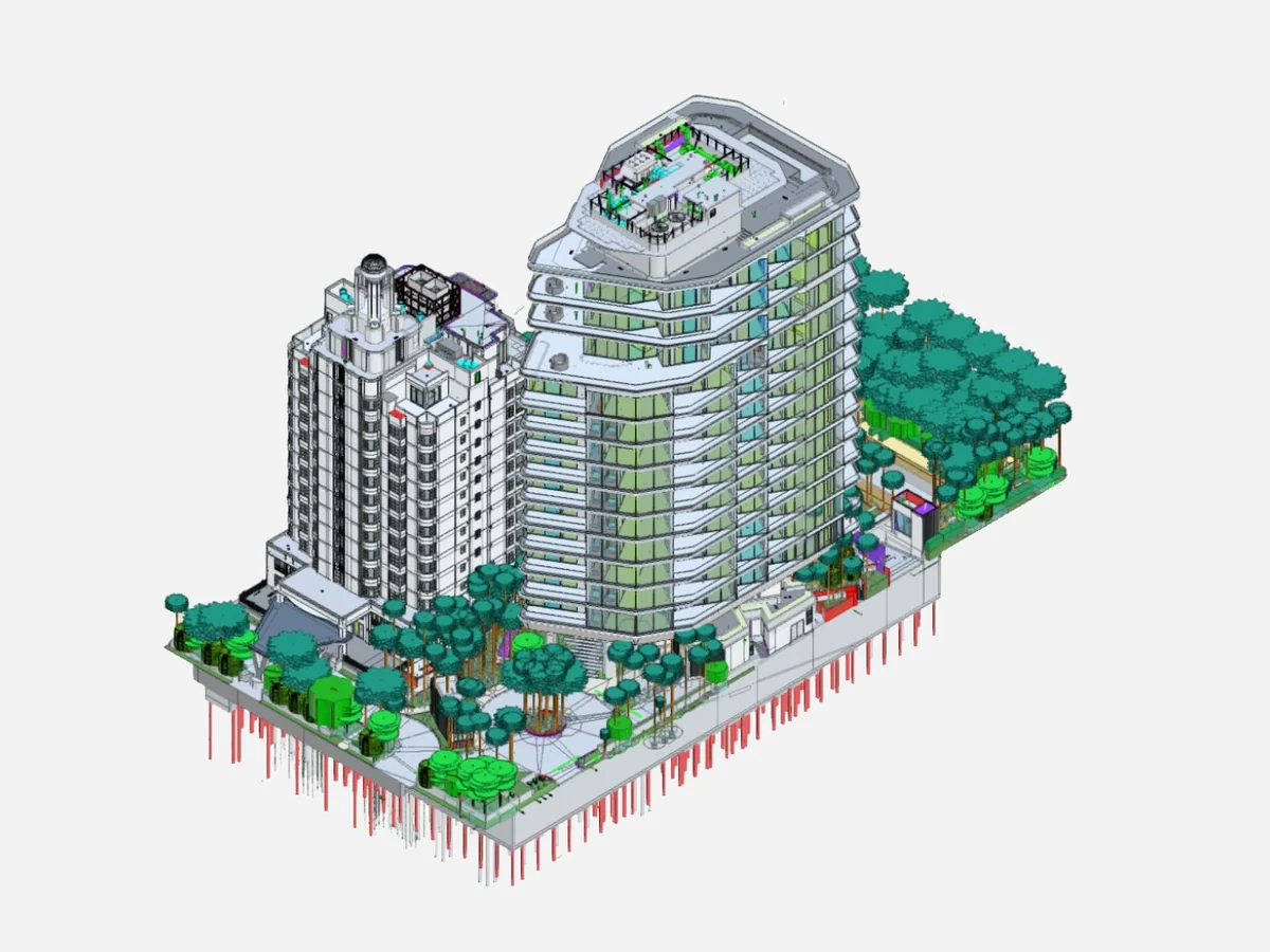 Federated coordination model of a luxury hotel and residences in Miami Beach, with landscape and foundation piles