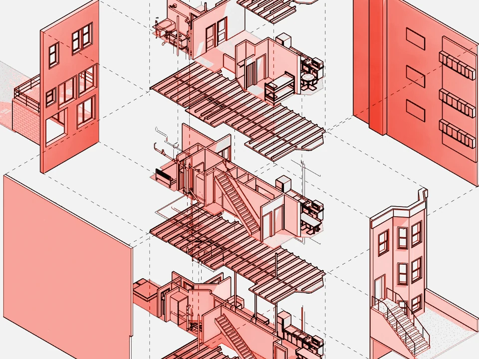 Exploded axonometric of a townhouse renovation from the coordinated BIM model