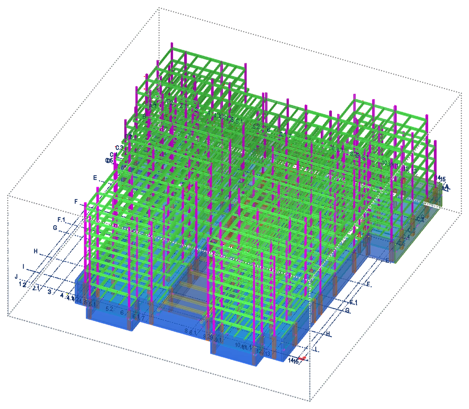 Tekla Structures model of a multi-story steel frame on concrete foundations, with column grid lines