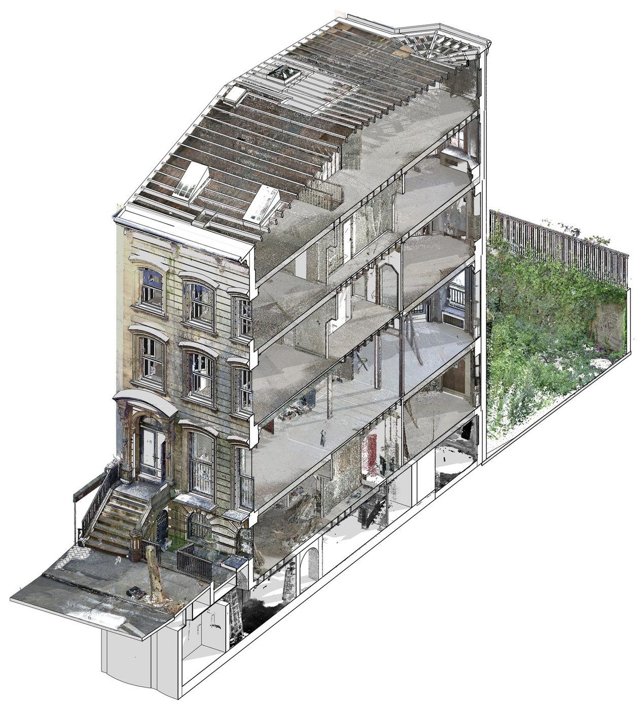 194 Columbia Heights cutaway showing the laser scan aligned with the building model