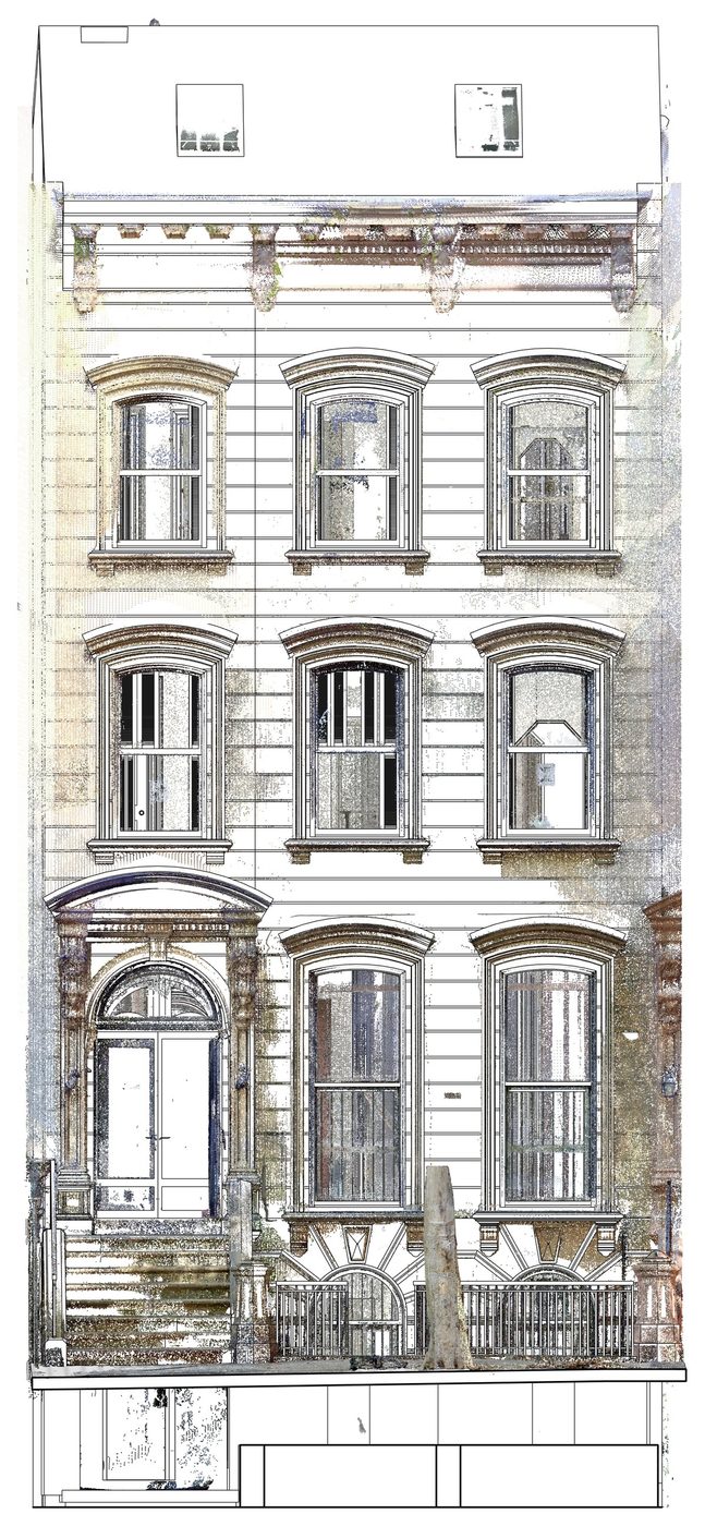 194 Columbia Heights front façade with the laser scan over the model