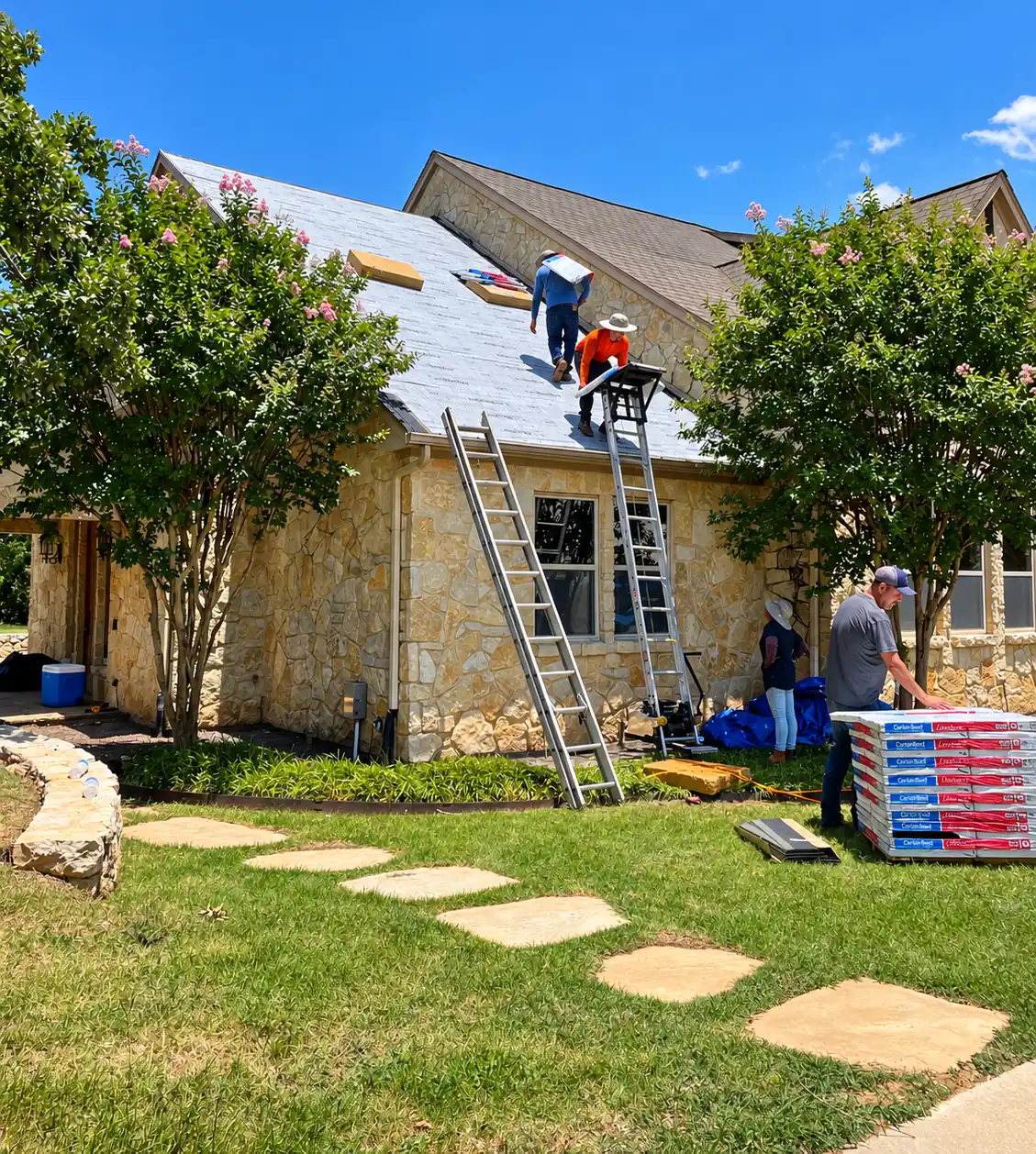 Roofing crew on ladders installing shingles on a stone home, with shingle bundles in the yard