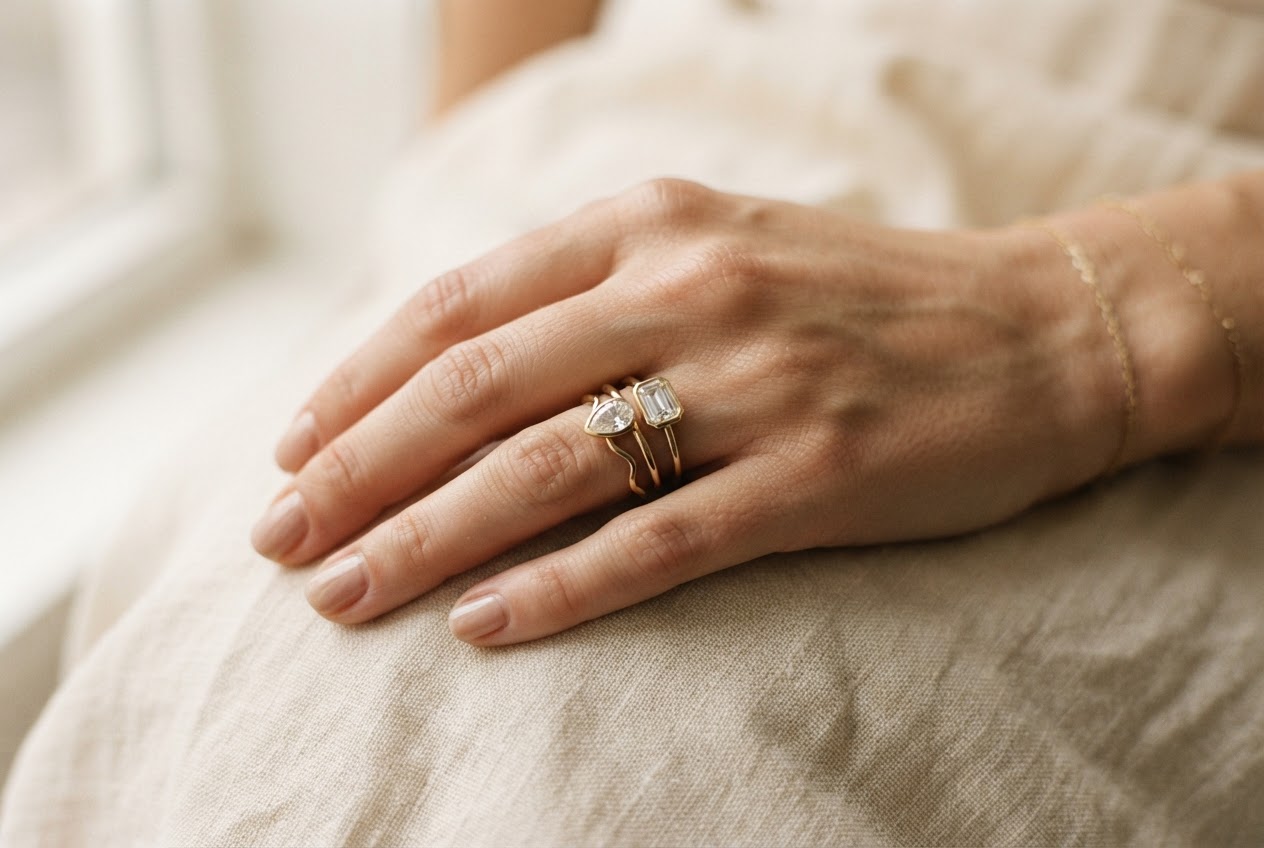 A hand wearing stacked gold rings with pear and emerald-cut stones